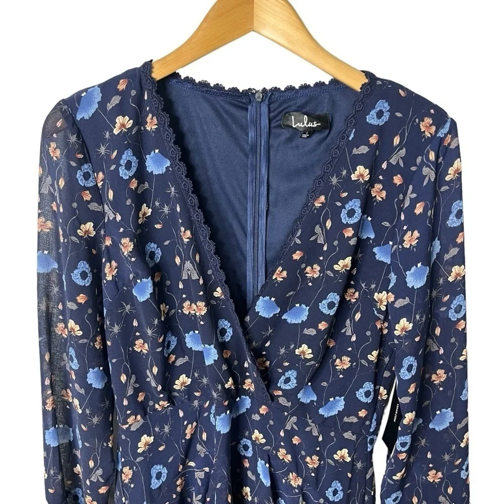Lulus Bravissima Floral Print Flounce Sleeve Ruffled Dress Navy Blue Size Large - Picture 4 of 9